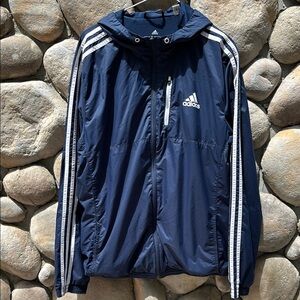 Adidas Blue and White Hooded Windbreaker